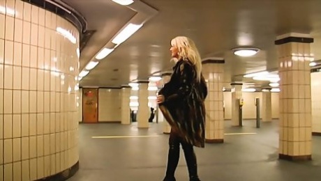 Naughty blonde German slut posing and fucking in public